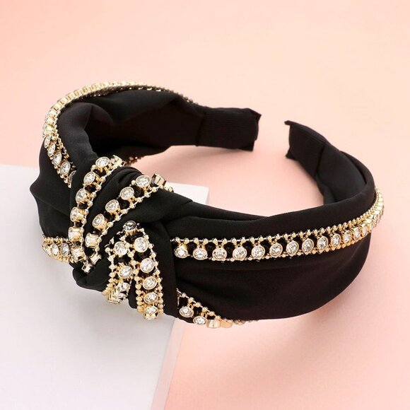 87. Black Gold Stone Metal Ball Embellished Knot Headband - Picture 1 of 9